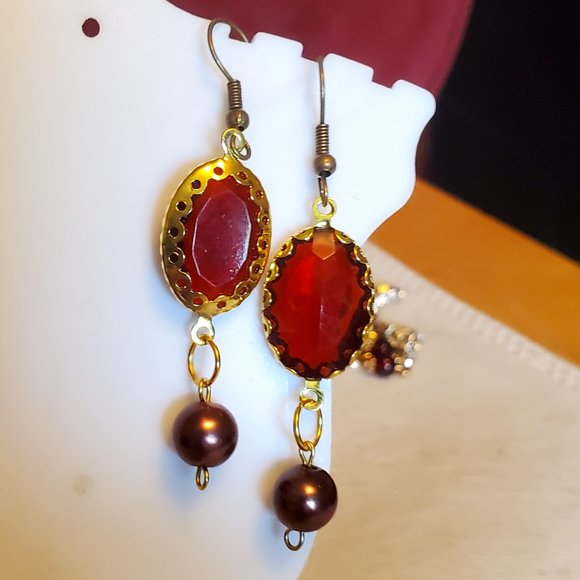 1.5" Bronze Hook Burgundy Oval Bead Dangle Earring